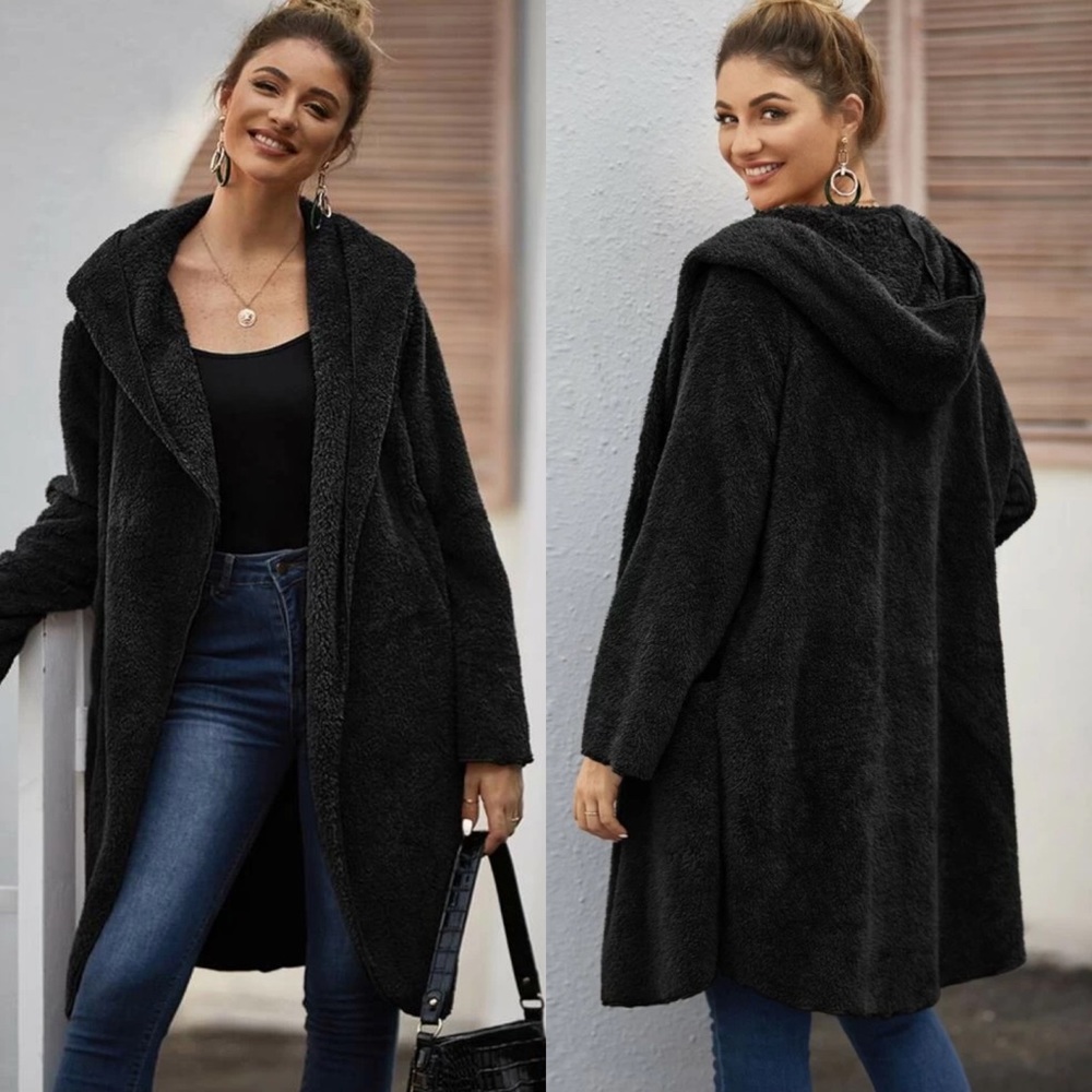 Gray Hooded long teddy coat jacket faux fur soft - Picture 2 of 6